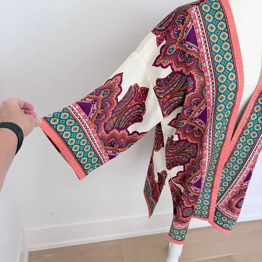 Chico's Ethnic Medallion Reversible Paisley & Elephant Print Kimono Jacket Large